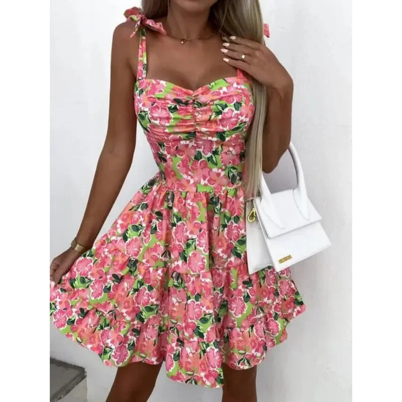 2024 Womens Strappy Short Swing Sun Dresses Ladies Summer Bohemian Floral Print Beach Mini Floral Skater Dress