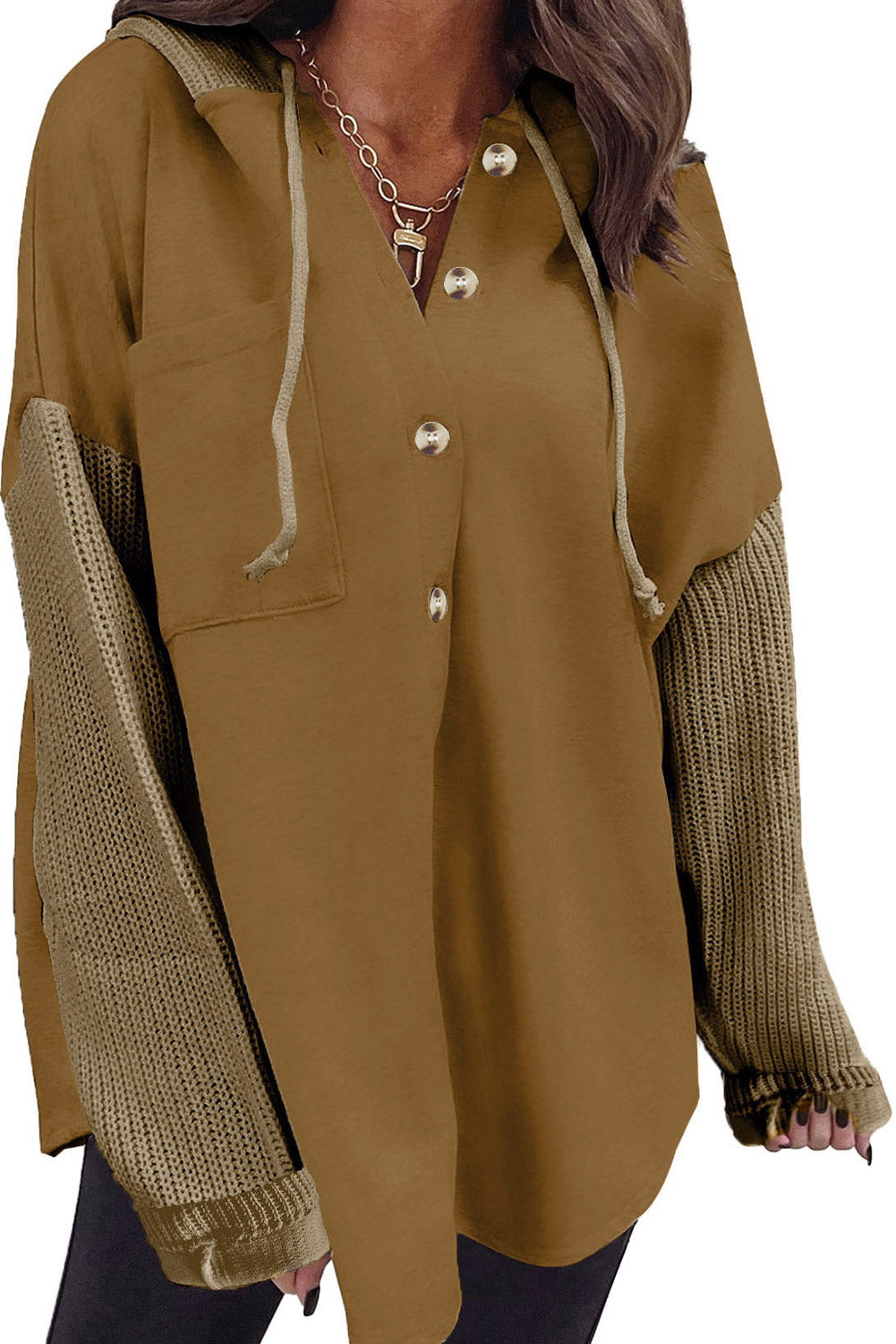 Brown Button Up Contrast Knitted Sleeves Hooded Jacket