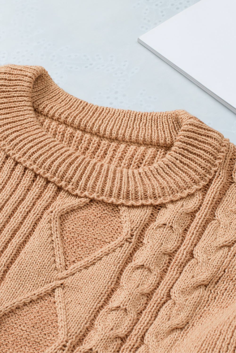 Khaki Multiple Pattern Knit Drop Shoulder Sweater