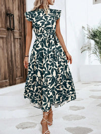 Elegant Women's Flower Midi Dress New Summer Fashion Stand Collar Flying Sleevel Lace Up Dress Casual Beach Holiday Dresses Robe