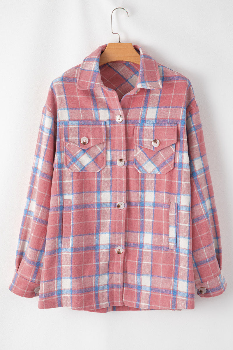 Pink Plaid Flap Pocket Button Up Shacket