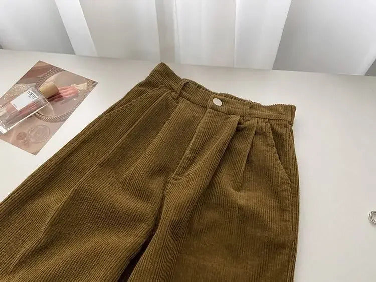 Retro High Waist Corduroy Pants Women Spring Fall Straight Causal Full Length Trousers Korean Fashion Baggy Outwear Pant 2024