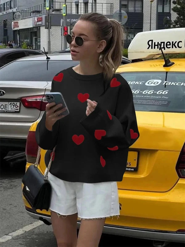 Sporty chic Women's Plus Size Valentine's Day Heart Pattern Sweater Casual Long Sleeve Drop Shoulder Sweater Women's