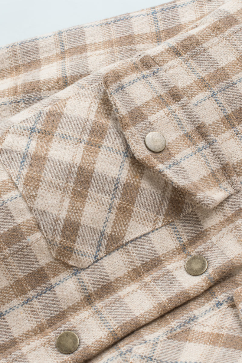 Khaki Plaid Pattern Sherpa Lined Hooded Shacket