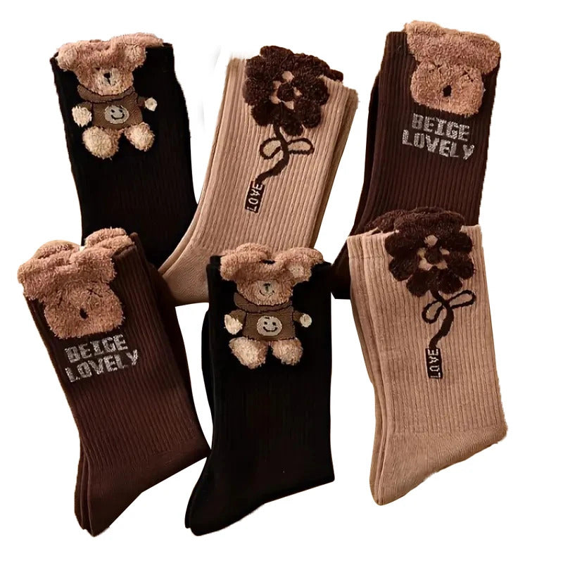 3 Pairs Women Cartoon Bear Mid Tube Socks Fashionable Cute Three-Dimensional Printed Letter Socks Soft Comfortable Casual Socks