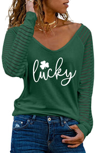 Green Clover Lucky Pattern Sheer Striped Long Sleeve Top