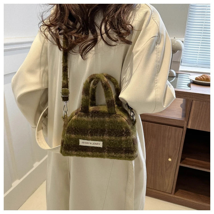 Fashion Retro Plush Plaid Women's Shoulder Bag Casual Retro Ladies Woolen Crossbody Bags Female Change Purse Tote Handbags