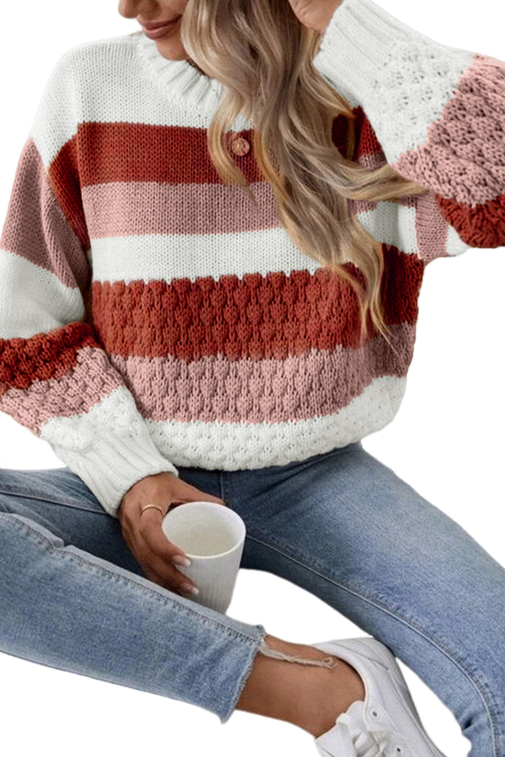 Red Stripe Cable Knit Drop Shoulder Sweater