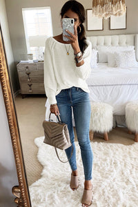 White Long Sleeve Cutout Shoulder Relaxed Sweater