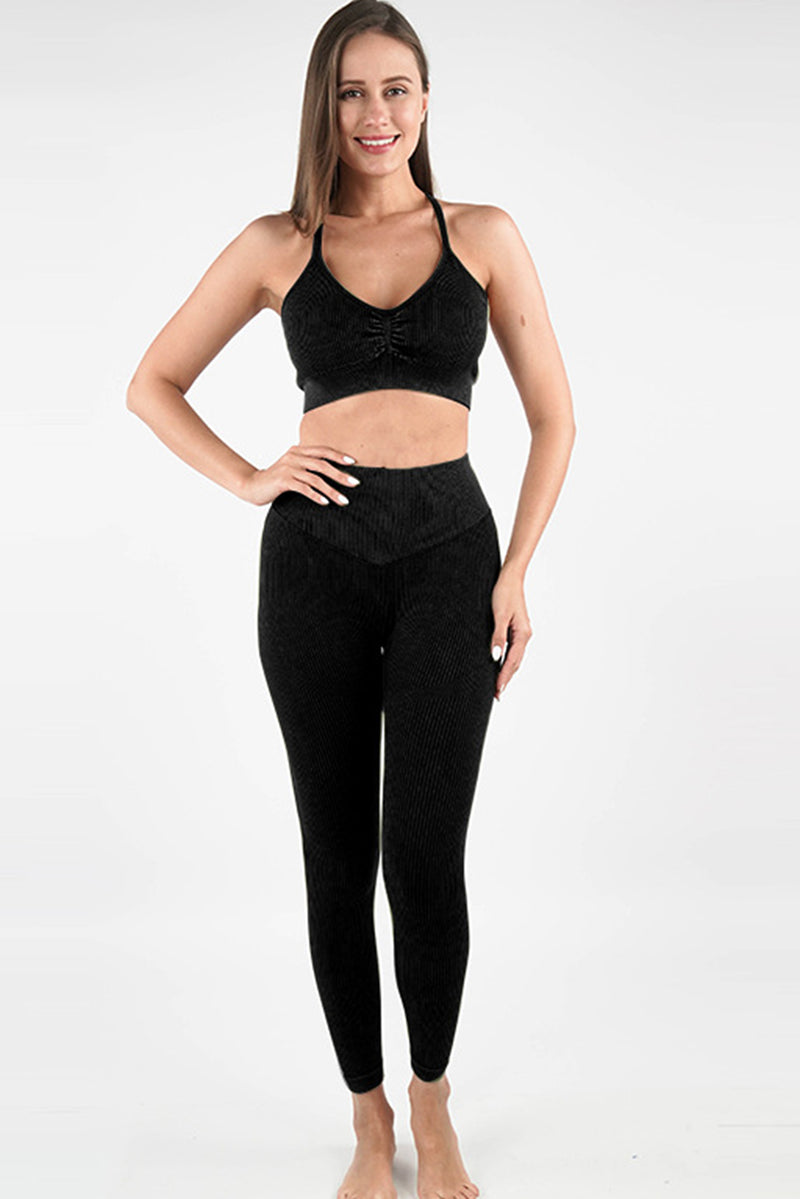 Black Seamless Ribbed Spaghetti Straps Bra Leggings Sports Set