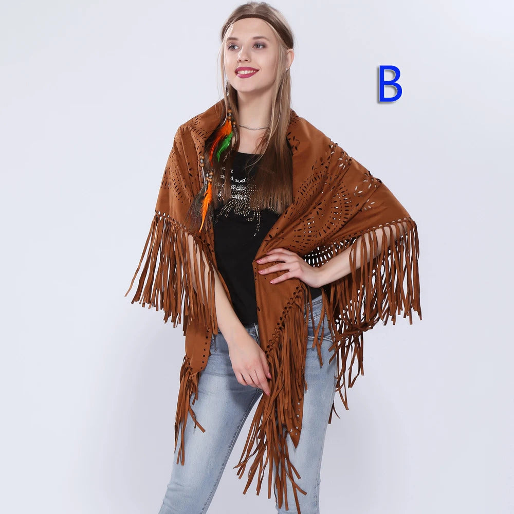 Women's Loose Suede Fringe Open Poncho Cloak Shawl Wrap with Punch Hole Patterns and Graceful Fringes Dropshipping