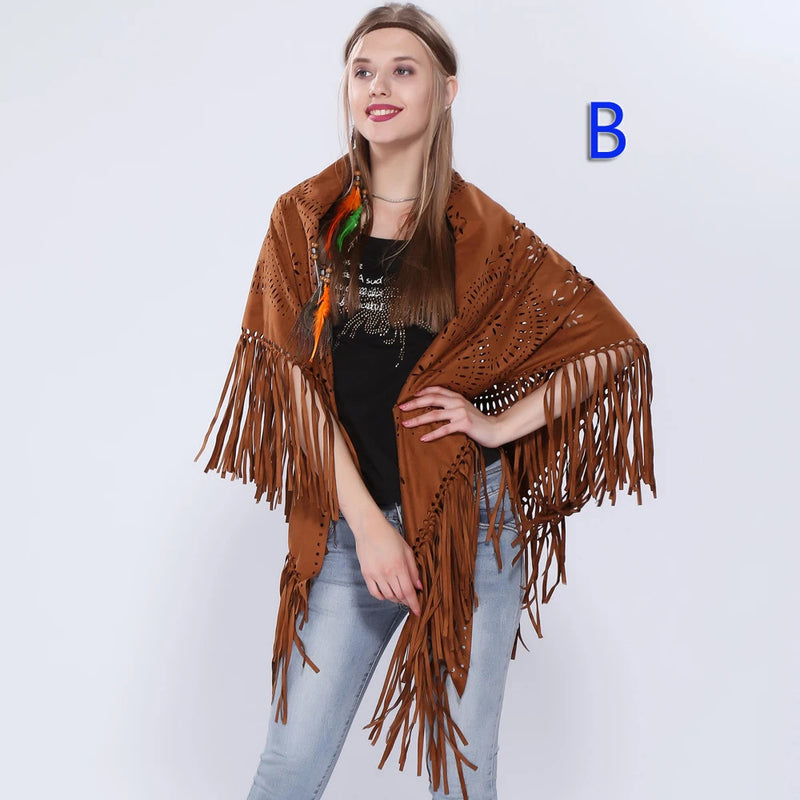 Women's Loose Suede Fringe Open Poncho Cloak Shawl Wrap with Punch Hole Patterns and Graceful Fringes Dropshipping