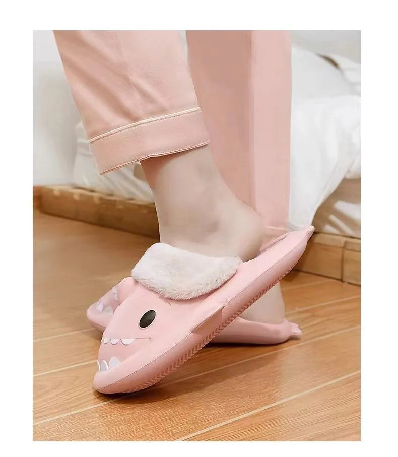 Winter Women Shark Slippers Couple Removable Liner Indoor Warm Cute Shark Slides Plush Cotton Flip Flops Home Indoor Cotton Shoe