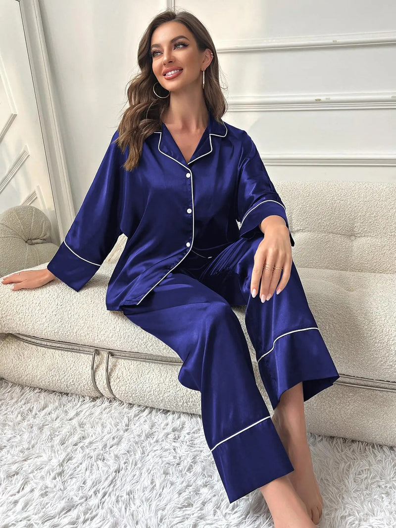 Silk Satin Women‘s Pajamas Set Notched Collar Top & Wide Leg Long Pants 2 Pieces Sleepwear Female Loungewear Like Leisure Suit