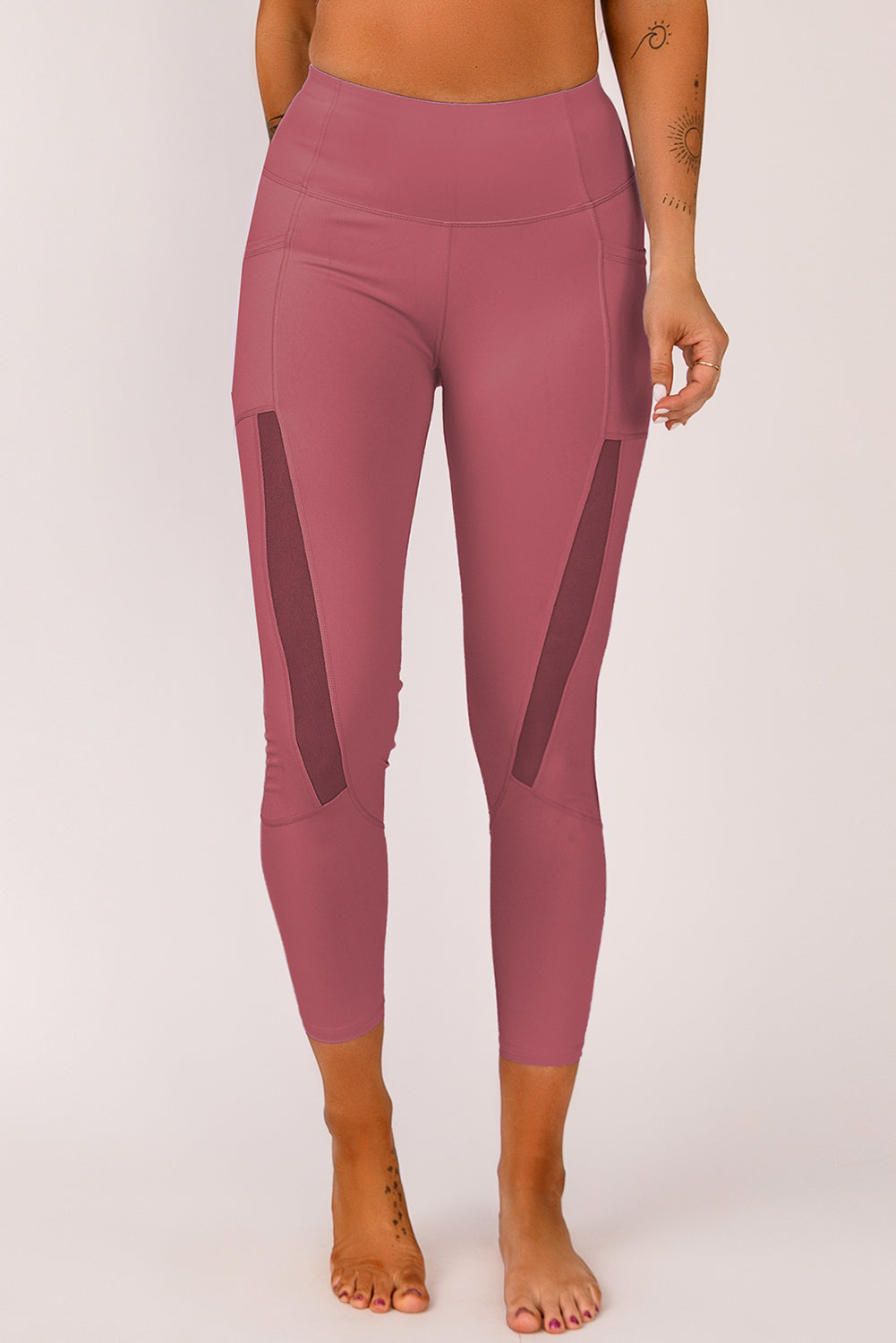 Pink Mesh Side Splicing High Waist Yoga Sports Leggings with Phone Pocket