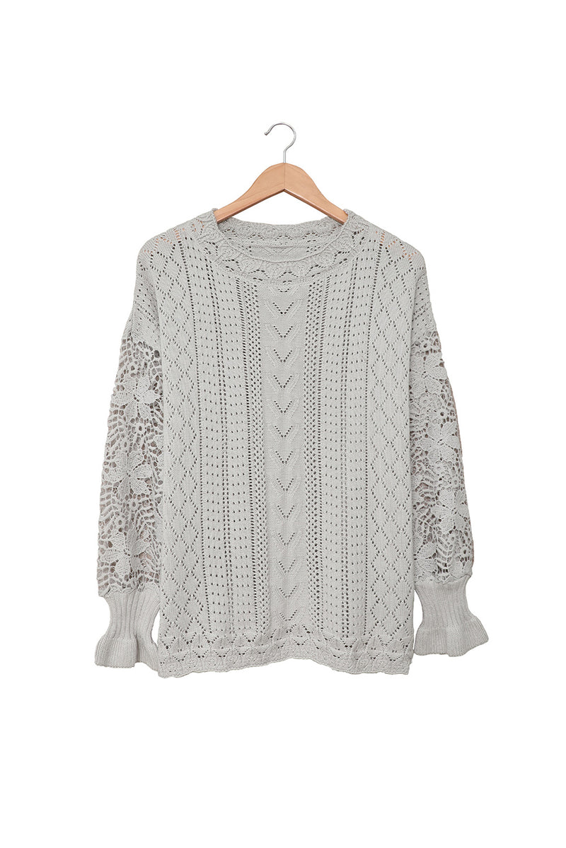 Gray Crochet Lace Pointelle Knit Sweater