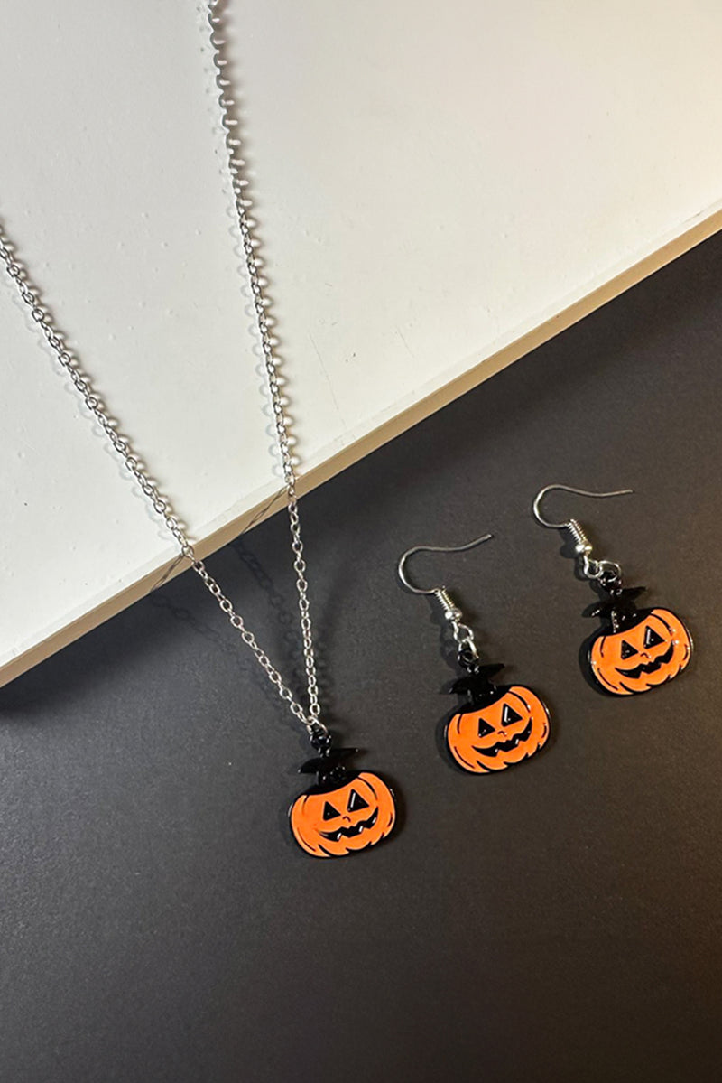 Carrot Pumpkin Face Halloween Necklace Earrings Jewelry Set