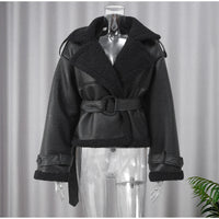 Women Black Lamb Wool Patchwork Leather Overcoat Fashion Lapel High Waist Pockets Jacket With Belt Winter Lady Street Warm Coats