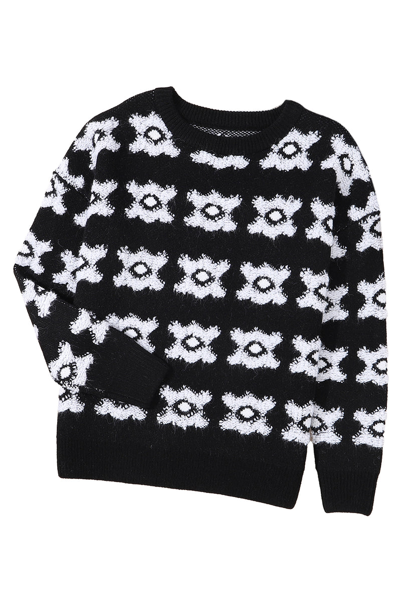 White Printed Retro Flower Pattern Knit Fuzzy Sweater