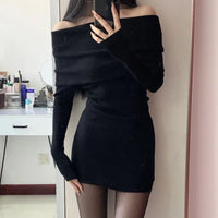 Sexy Dresses Women Backless Knitting Slim Y2k Girls Tender Korean Style Soft Casual Autumn Slash Neck Hotsweet Cozy New Clubwear