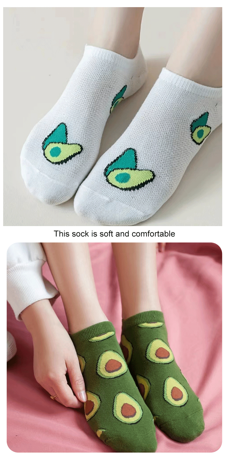 5 Pairs Avocado Crew Ankle Socks Cartoon Fresh Fashion Breathable Summer And Autumn Kawaii Comforts Women's Low Cut Boat Socks