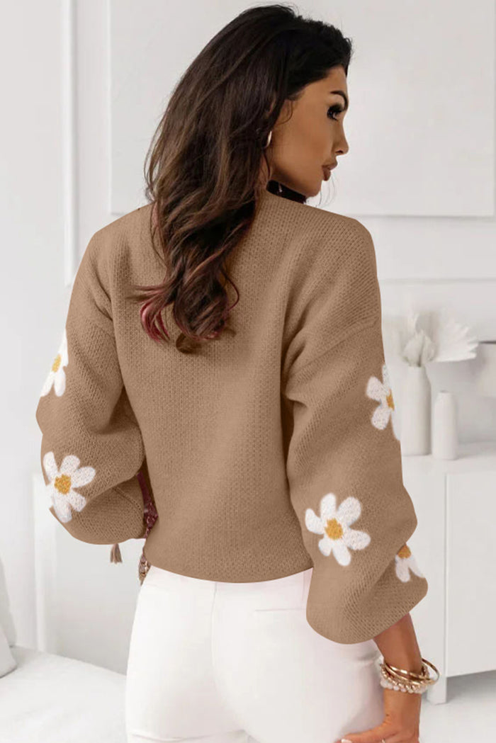 Pale Khaki Pink Floral Pattern Drop Shoulder Sweater