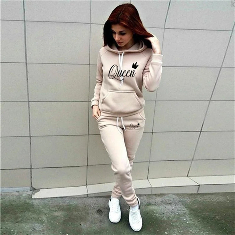 Hot women's 2-piece QUEEN print sports suit sportswear jogging suit women's hooded sportswear suit clothes hoodie+sweatpants