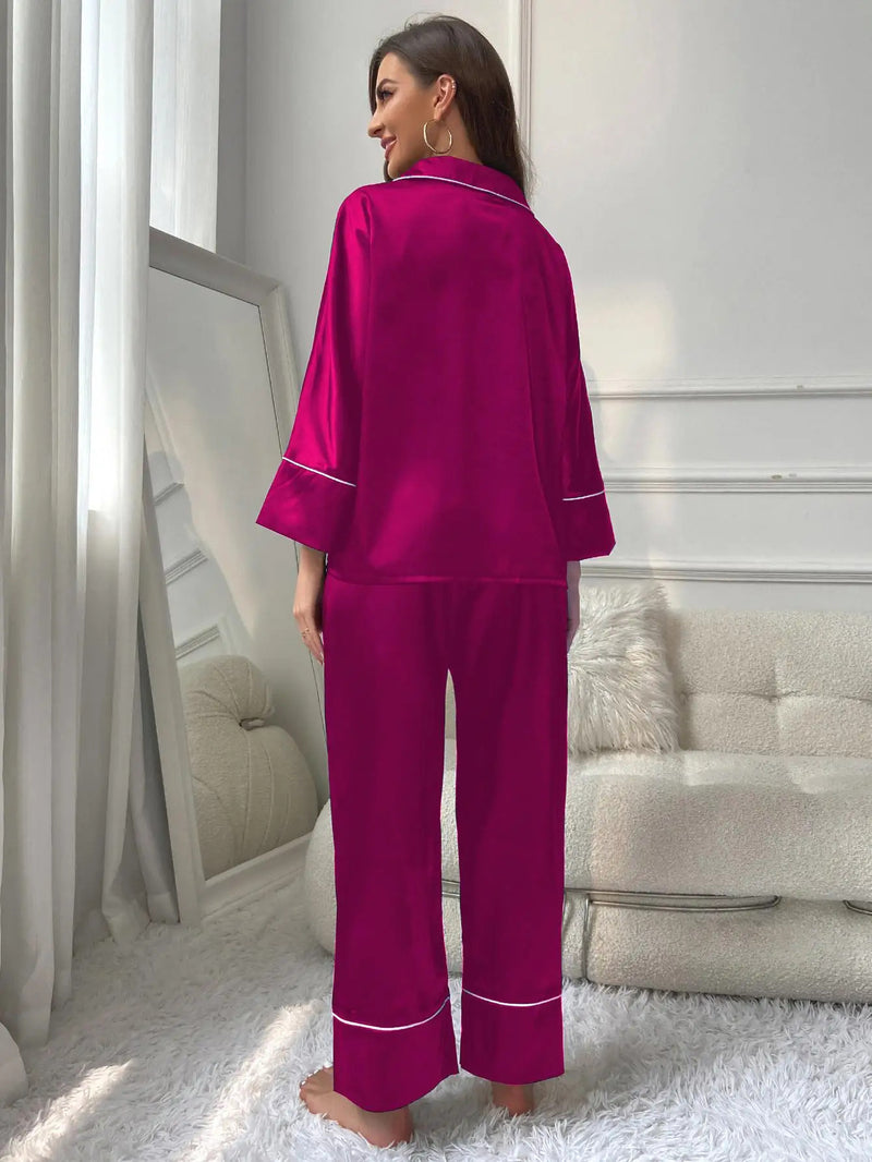 Silk Satin Women‘s Pajamas Set Notched Collar Top & Wide Leg Long Pants 2 Pieces Sleepwear Female Loungewear Like Leisure Suit