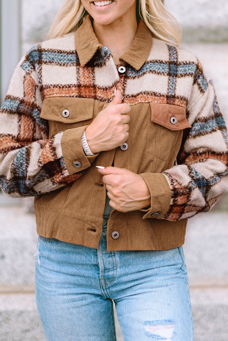 Green Plaid Corduroy Flap Pockets Boxy Chunky Jacket