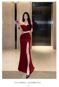 Sexy Bodycon Long Dresses for Women Wedding Evening Party Prom Robe Ruffles Slash Neck High Split Hollow Out Summer New Vestido