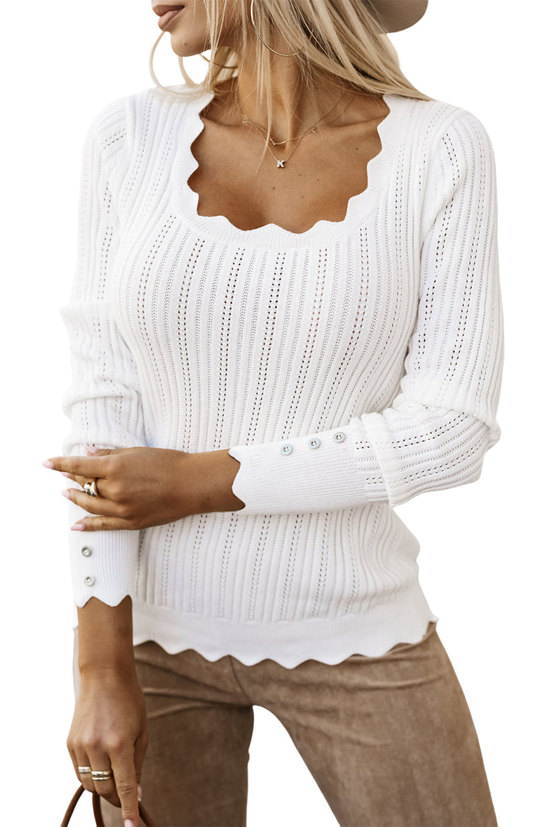 White Scalloped Trim Ribbed Eyelet Slim Fit Sweater