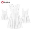 PatPat 100% Cotton Family Matching Outfits White Hollow-Out Floral Embroidered Ruffle Sleeveless Dress for Mom and Me Dresses