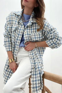 Sky Blue Plaid Print Button Knitted Jacket with Pocket