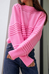 Pink Solid Color Cable Knit Eyelets Mock Neck Sweater