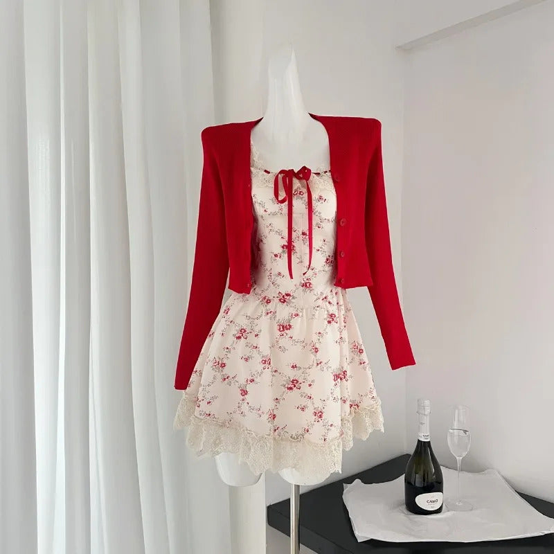 2024 New Sweet Floral Dress Set Woman Casual Red Short Cardigan Elegant Lace Y2k Mini Dress Beach Korean Fashion Clothing Suit