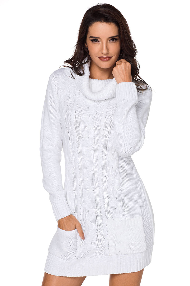 White Cowl Neck Cable Knit Sweater Dress