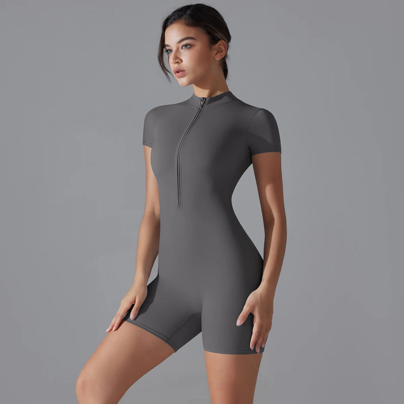 Yoga Set Women's Jumpsuits One-Piece Suit Zipper Short Sleeve Gym Push Up Workout Clothes Fitness Bodysuit Sportswear Tracksuit