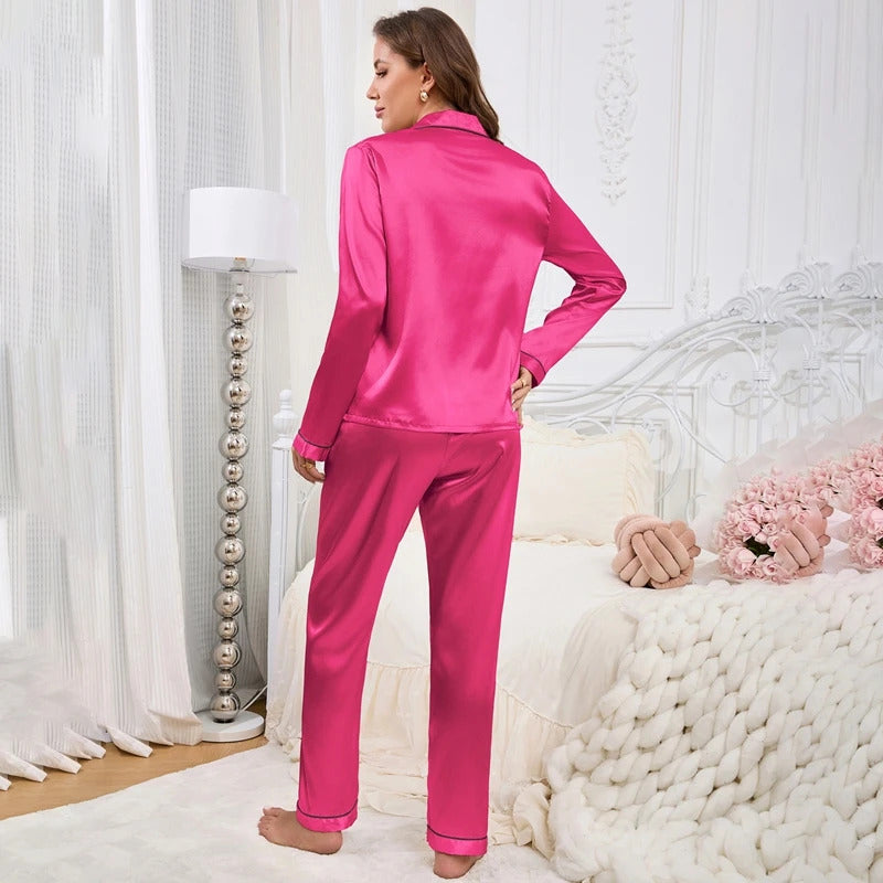 Autumn Satin Pajama for Women Heart-shaped Embroidery Sleepwear & Loungewear Long Sleeve Top & Pants Home Clothes Pyjama 2 Piece