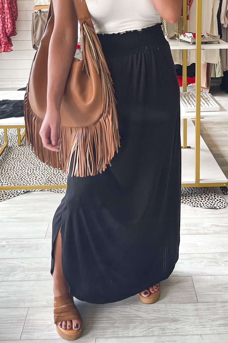 Black Smocked High Waist Maxi Skirt with Slit