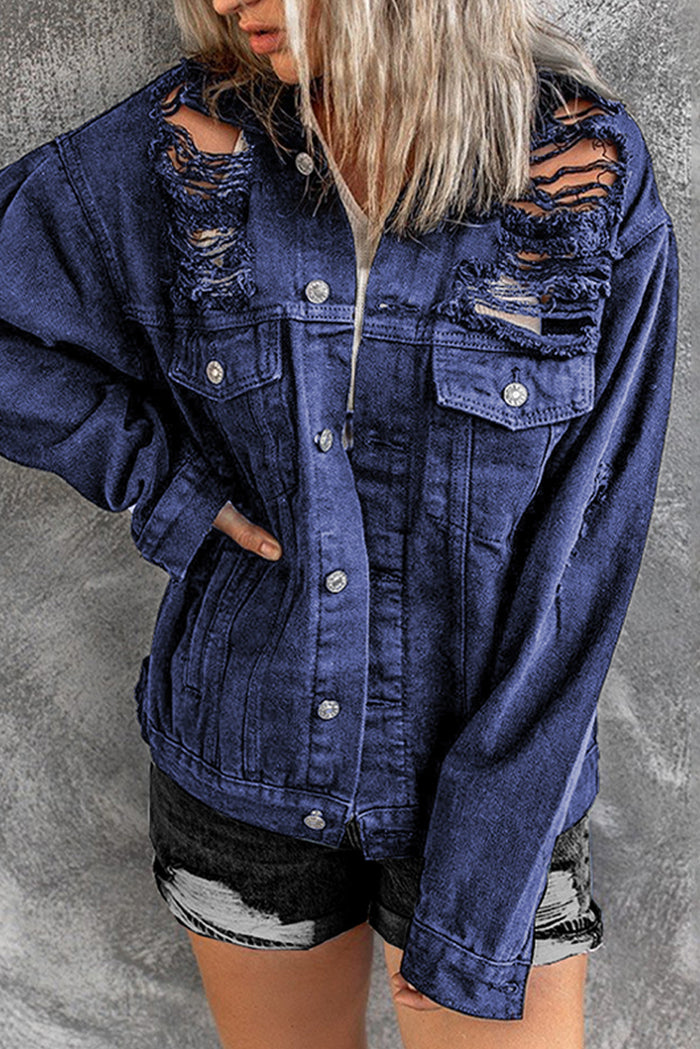 Blue Distressed Buttons Chest Pockets Denim Jacket