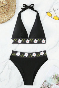 Black Floral Banded Halter High Waisted Swimsuit