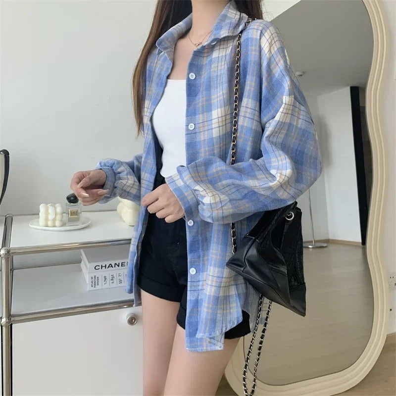 Plaid Shirt Women Autumn Long Sleeve Top Female Vintage Fashion Single Breasted Blouse Ladies Preppy Style Loose Check Shirts