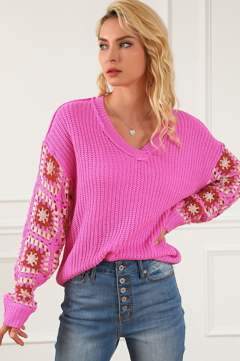 Rose Floral Crochet Cable Knit V Neck Sweater