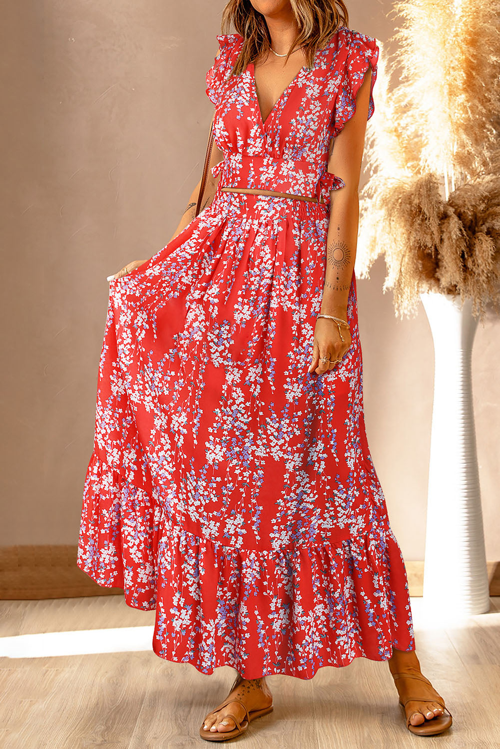 Women's Floral Ruffled Crop Top and Maxi Skirt Set for Fashionable and Fresh Style