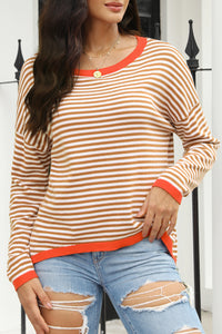 Gray Contrast Trimmed Striped Drop Shoulder Sweater