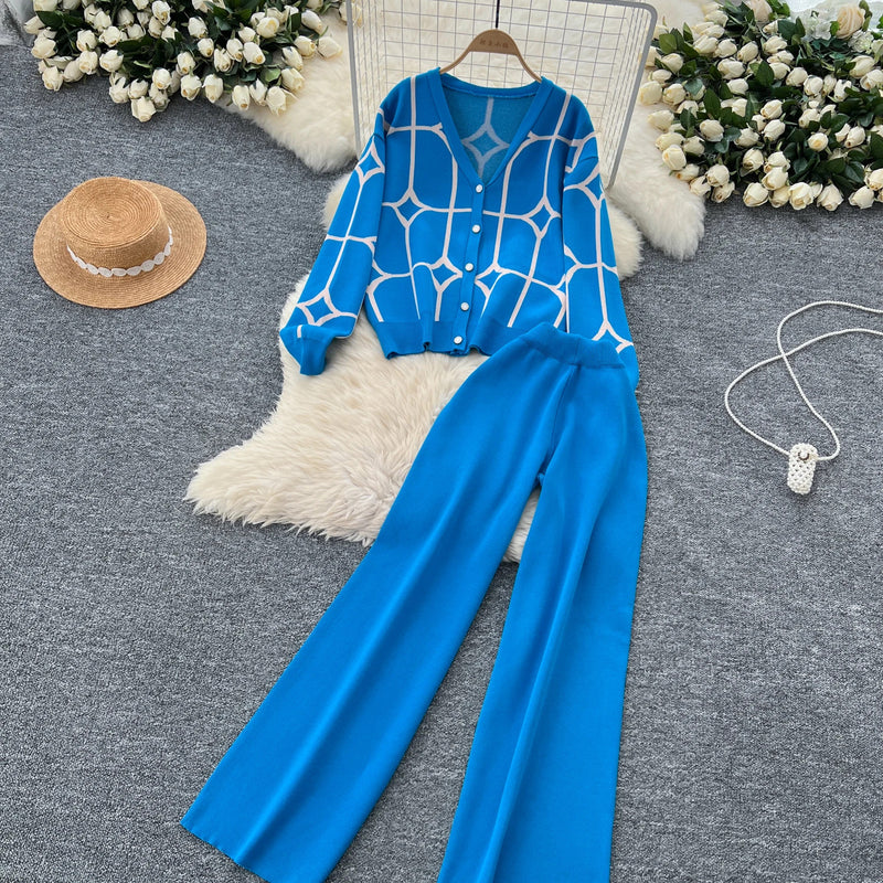 SINGREINY Basics Print Knit Two Pieces Sets Autumn Winter Single Breasted Cardigan+Wide Leg Long Pants Fashion Streetwear Suits