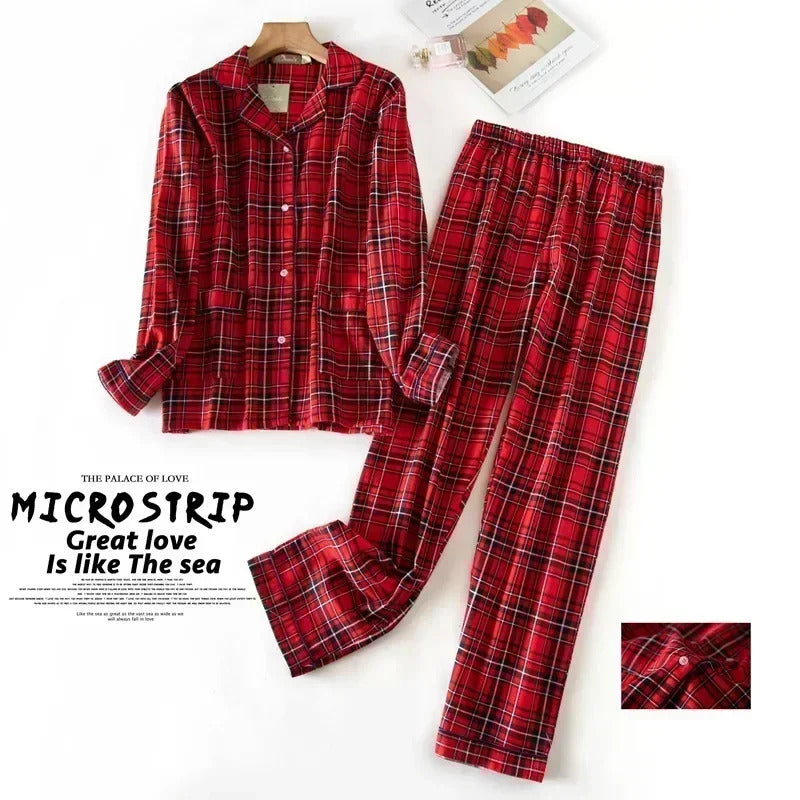 Women's Pajamas Plus Size S-XXXL Clothes Ladies Flannel Cotton Home Wear Suit Autumn Winter Pajamas Plaid Print Sleep Tops