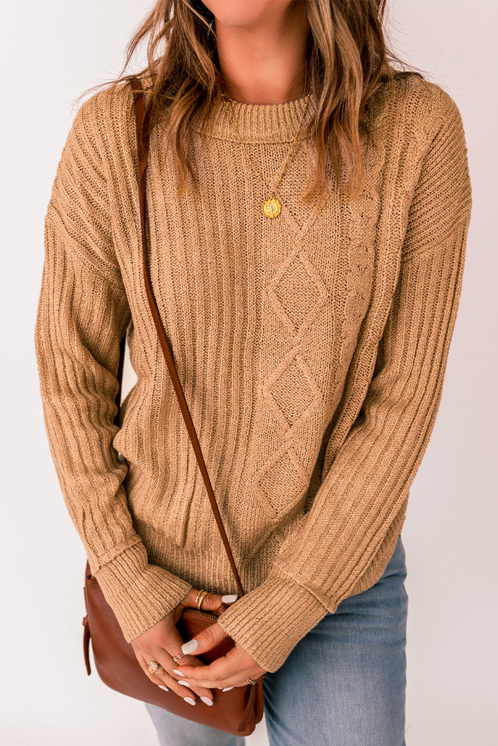 Khaki Multiple Pattern Knit Drop Shoulder Sweater