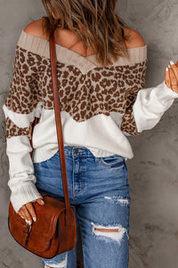 Leopard Splicing Off Shoulder Pullover Sweater