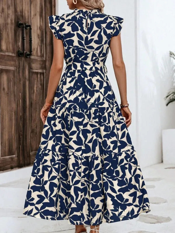 Elegant Women's Flower Midi Dress New Summer Fashion Stand Collar Flying Sleevel Lace Up Dress Casual Beach Holiday Dresses Robe